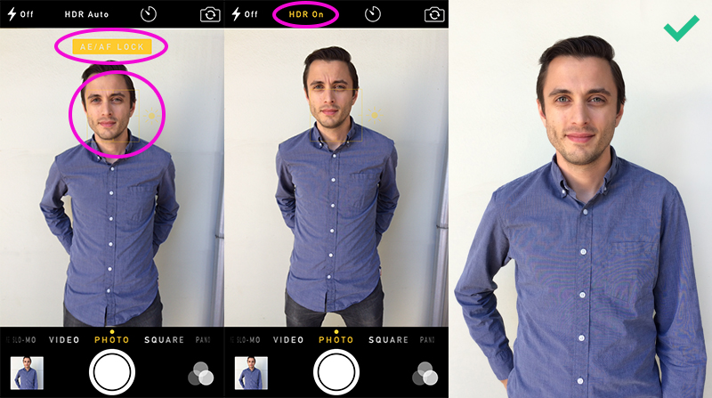 A screenshot of the iPhone camera app taking a photo of a white man wearing a blue button up shirt.