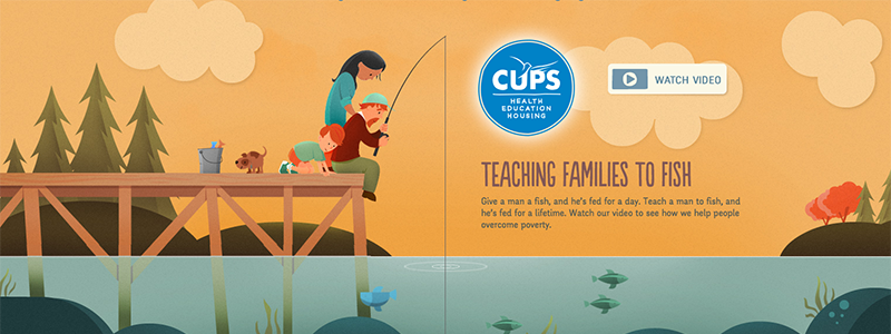 CUPS annual report shows an illustration of a family fishing off a pier and reads Teaching Families to Fish