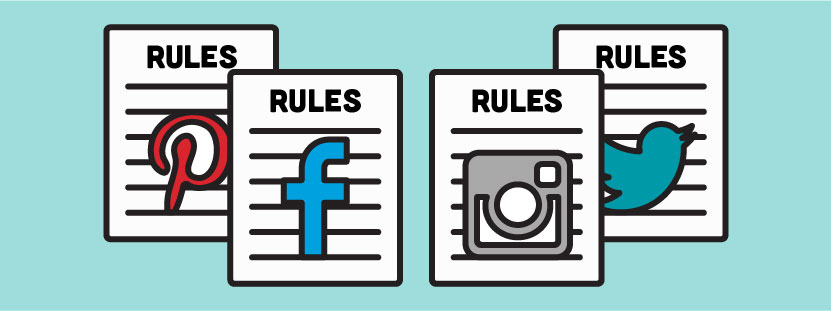 Illustration of pieces of paper that have Pinterest, Facebook, Instagram, and Twitter rules.
