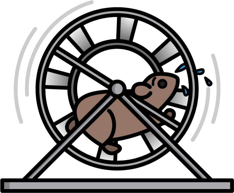 Illustration of a hamster sweating while running in an hamster wheel.