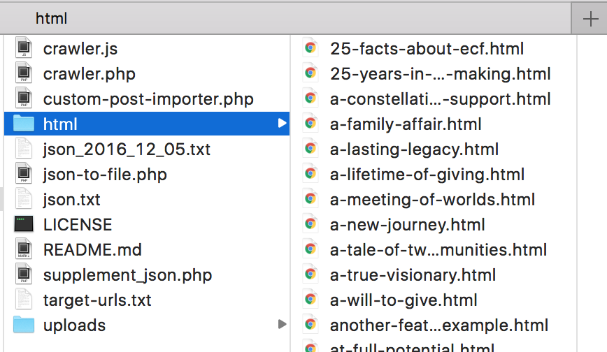 A finder folder called HTML has 13 html files inside.