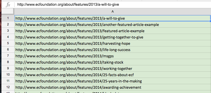 A excel column lists URLs from a Screaming Frog crawl