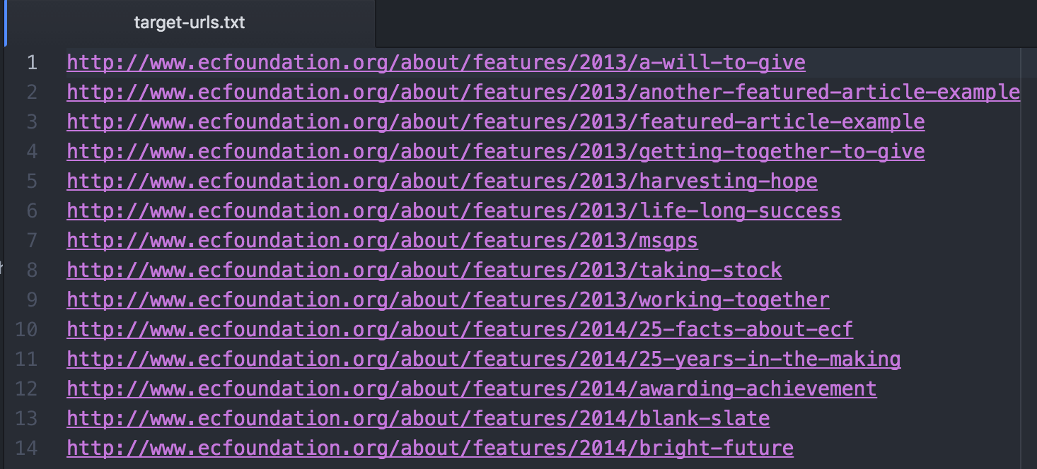 14 Target URLs listed in purple in a Text File