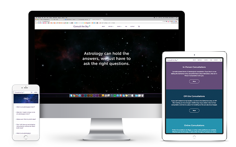 The Consult the Sky website is seen on an iPhone, iMac, and an iPad.
