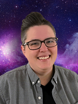 Dana DiTomaso pictured on a galaxy background