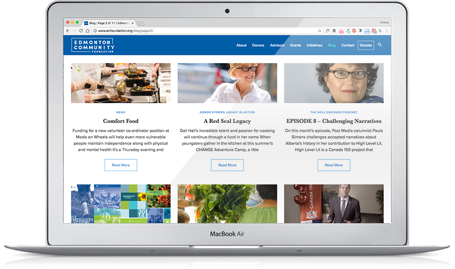 The Edmonton Community Foundation website is seen on MacBook Air laptop.