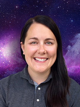 Jen Salamandick pictured on a galaxy background