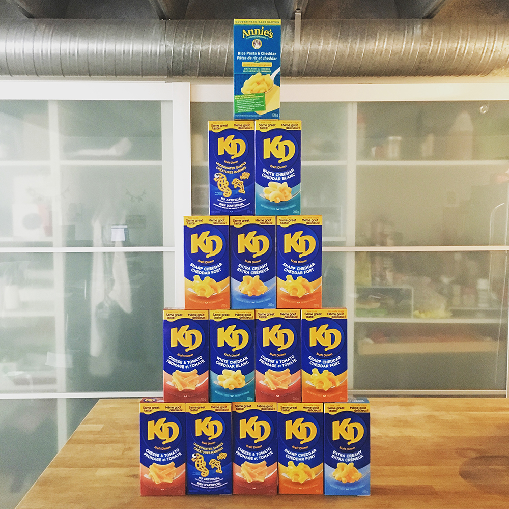 A pyramid of Kraft Dinner Boxes in the kitchen at Kick Point