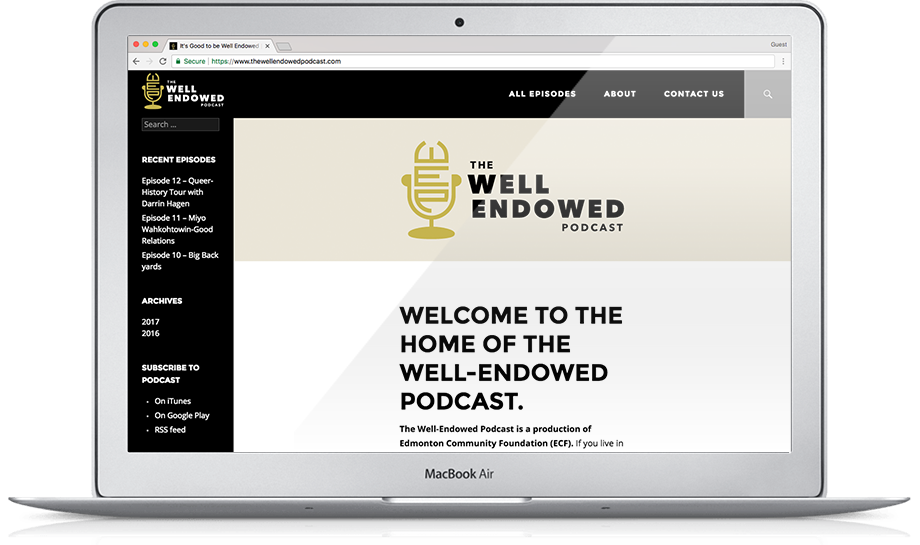 The Well Endowed Podcast website is seen on a silver MacBook Air.
