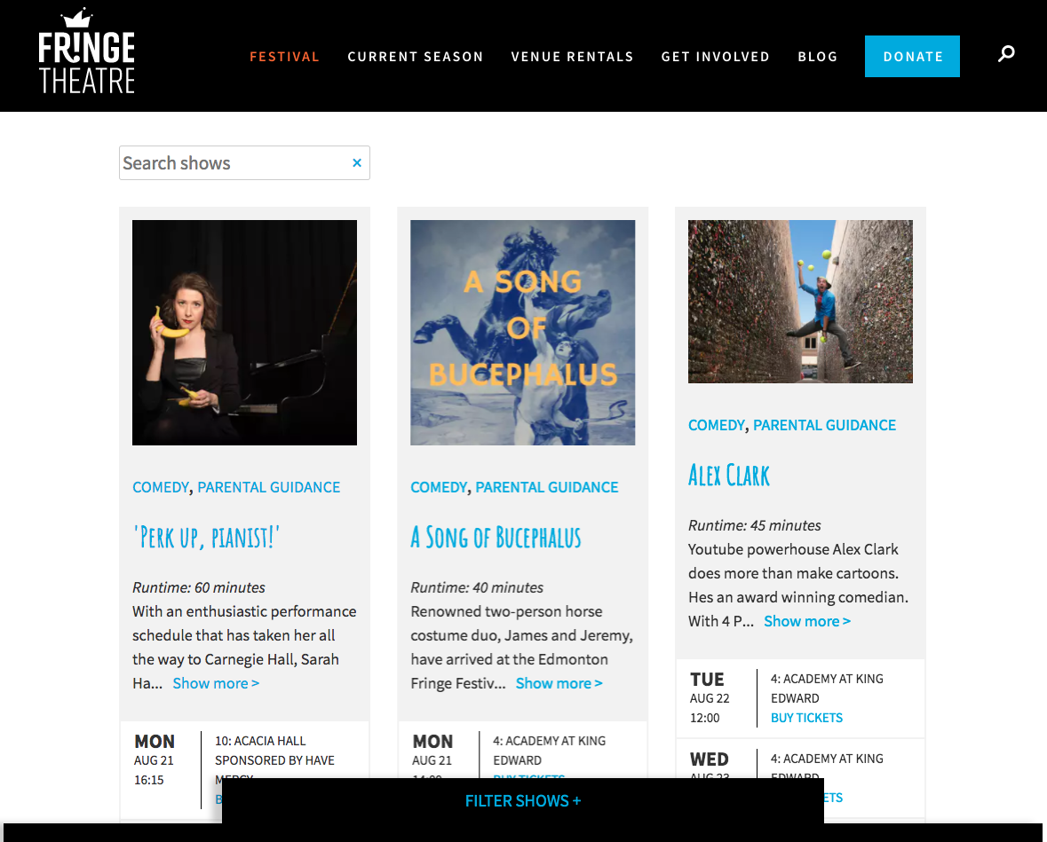 Screenshot of the Fringe Festival page