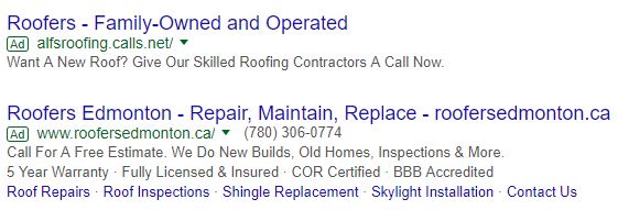 Two AdWords Express ads for a roofer; seen in a Google Search result
