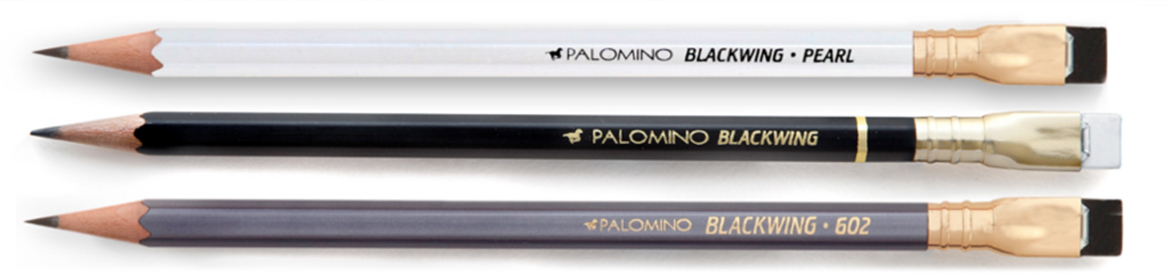 Three Blackwing pencils in white, black and grey