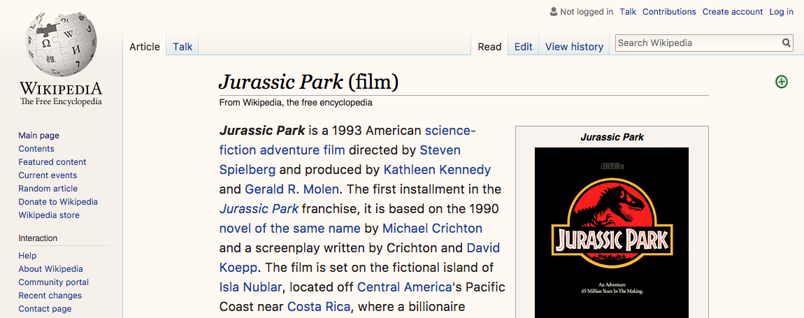 Wikipedia entry of Jurassic Park (film) viewed using Skinny plugin