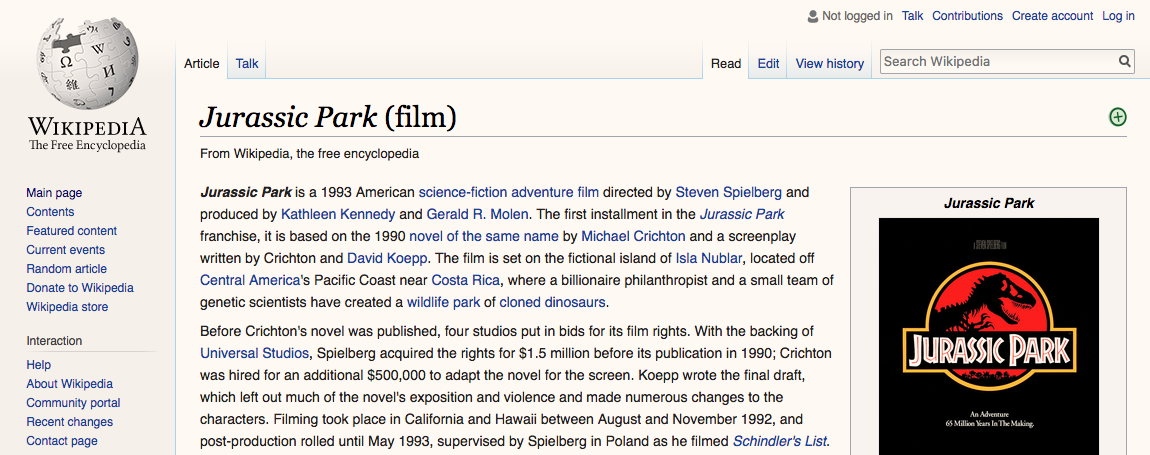 Jurassic Park wikipedia page to show the standard Wikipedia line length