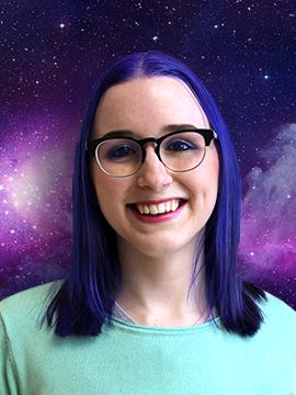 Brittany Zerr, who has purple hair, in front of a galaxy background