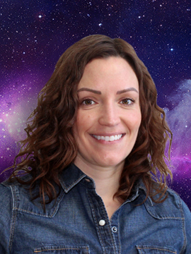 Sarah Gardener wearing a jean button up shirt in front of a galaxy background