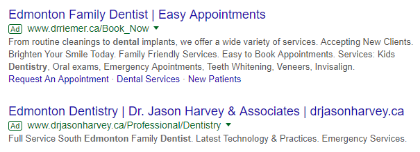A Google search results page that shows ad extension examples for dentist in Edmonton