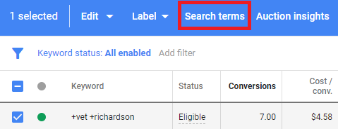 The Google Ads dashboard showing search terms for vet + richardson