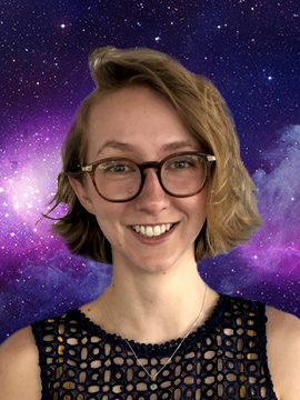 Leanne Klimek's bio picture, a galaxy in the background