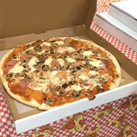 Ragazzi pizza box opening to show a large pizza