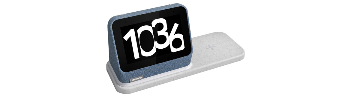 A blue Lenovo Smart Clock 2 with Wireless Charging Dock base. The clock time reads 10:36