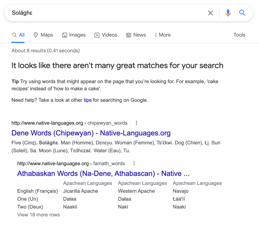 Google search results page for Solághε
