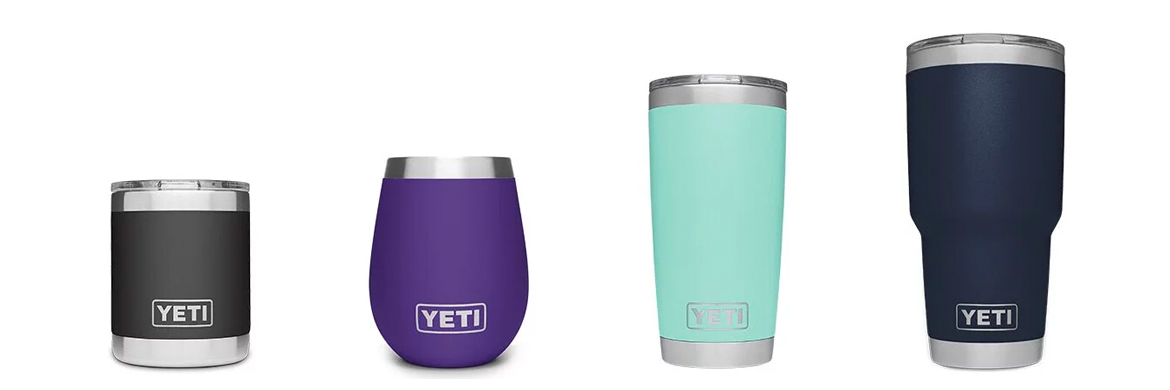 Four Yeti cups lined up