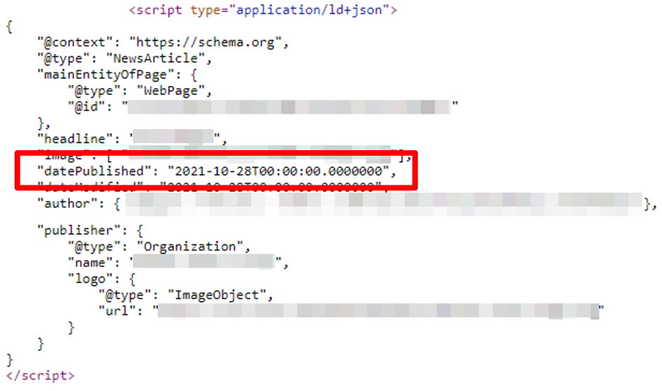 A screenshot shows how the published date would appear in NewsArticle schema. Code is displayed in the information below.