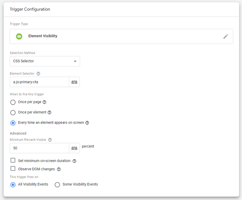A screenshot from Google Tag Manager shows the Element Visibility trigger described above.